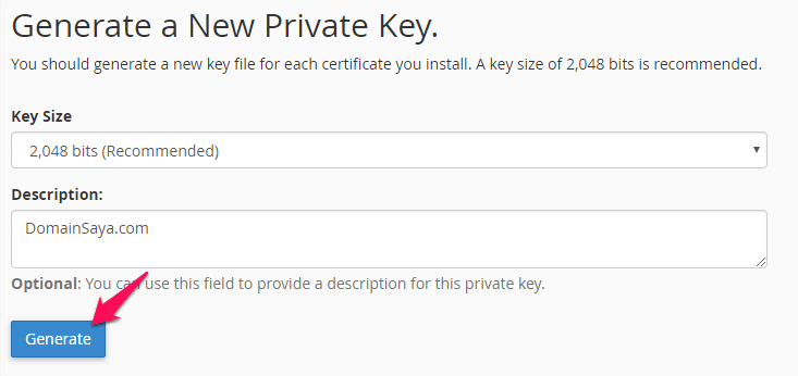 cpanel create new private key click generate